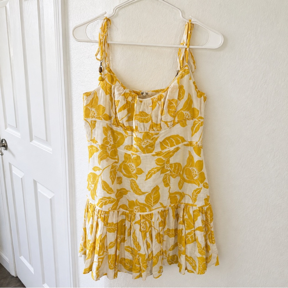 Zimmermann Yellow Floral Linen Mini Dress Size 2 Tie Strap Ruffle Sundress